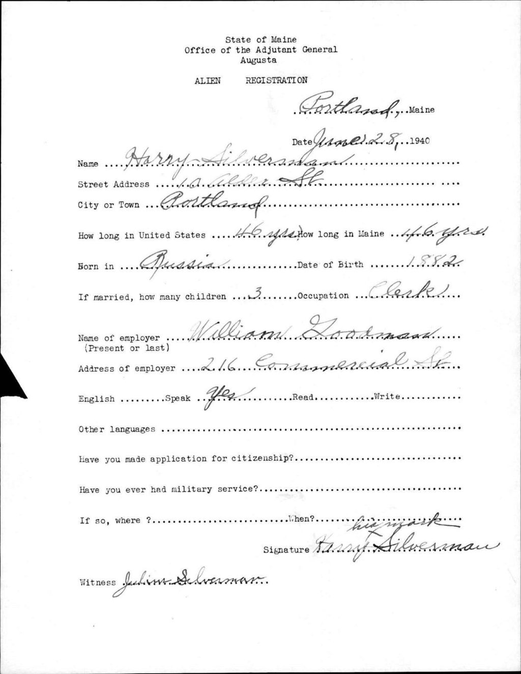 Miniature of Alien Registration- Silverman, Harry (Portland, Cumberland County)