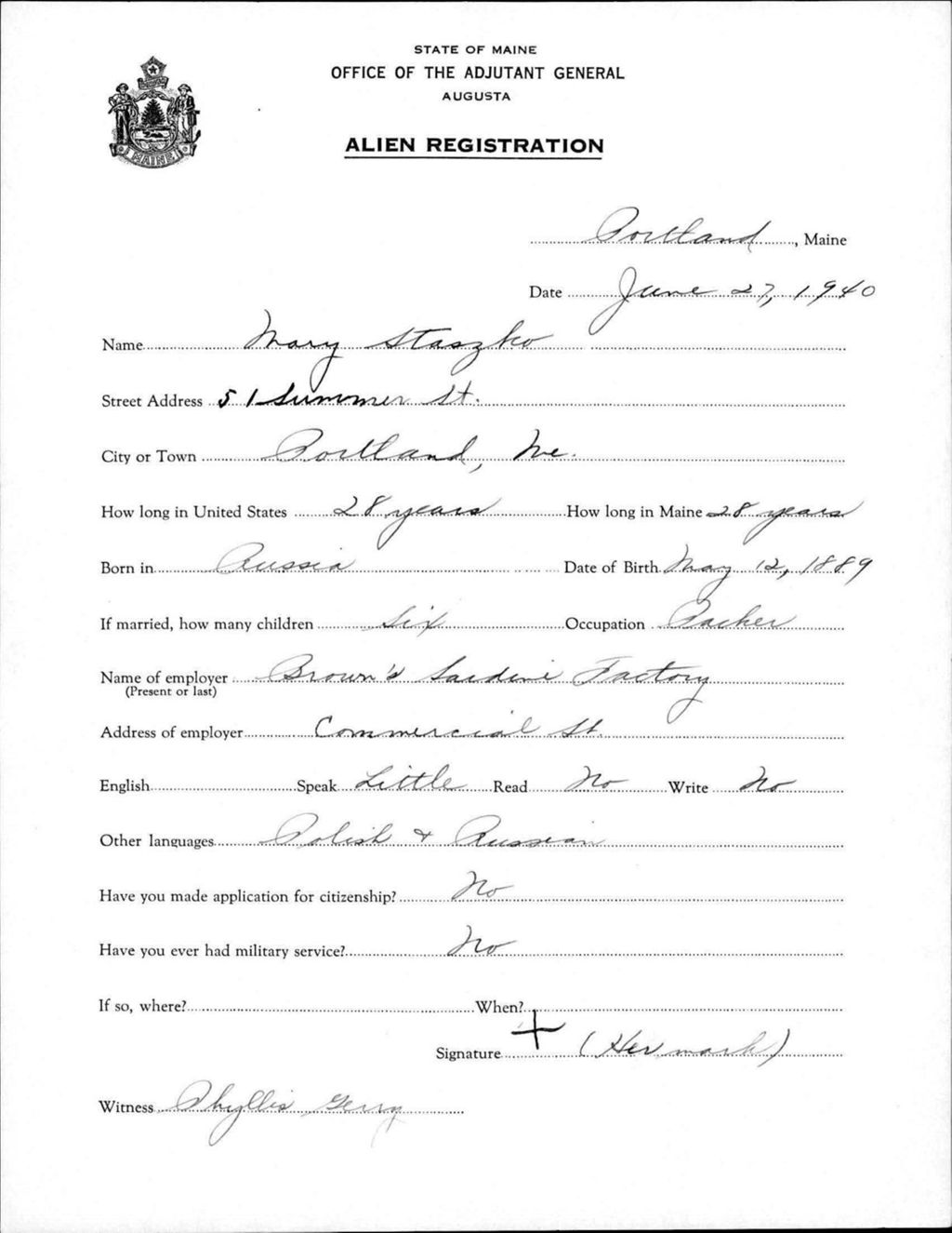 Miniature of Alien Registration- Staszko, Mary (Portland, Cumberland County)