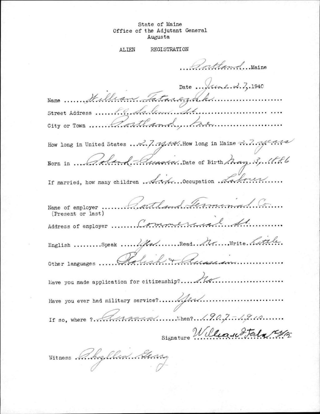 Miniature of Alien Registration- Tatarezak, William (Portland, Cumberland County)