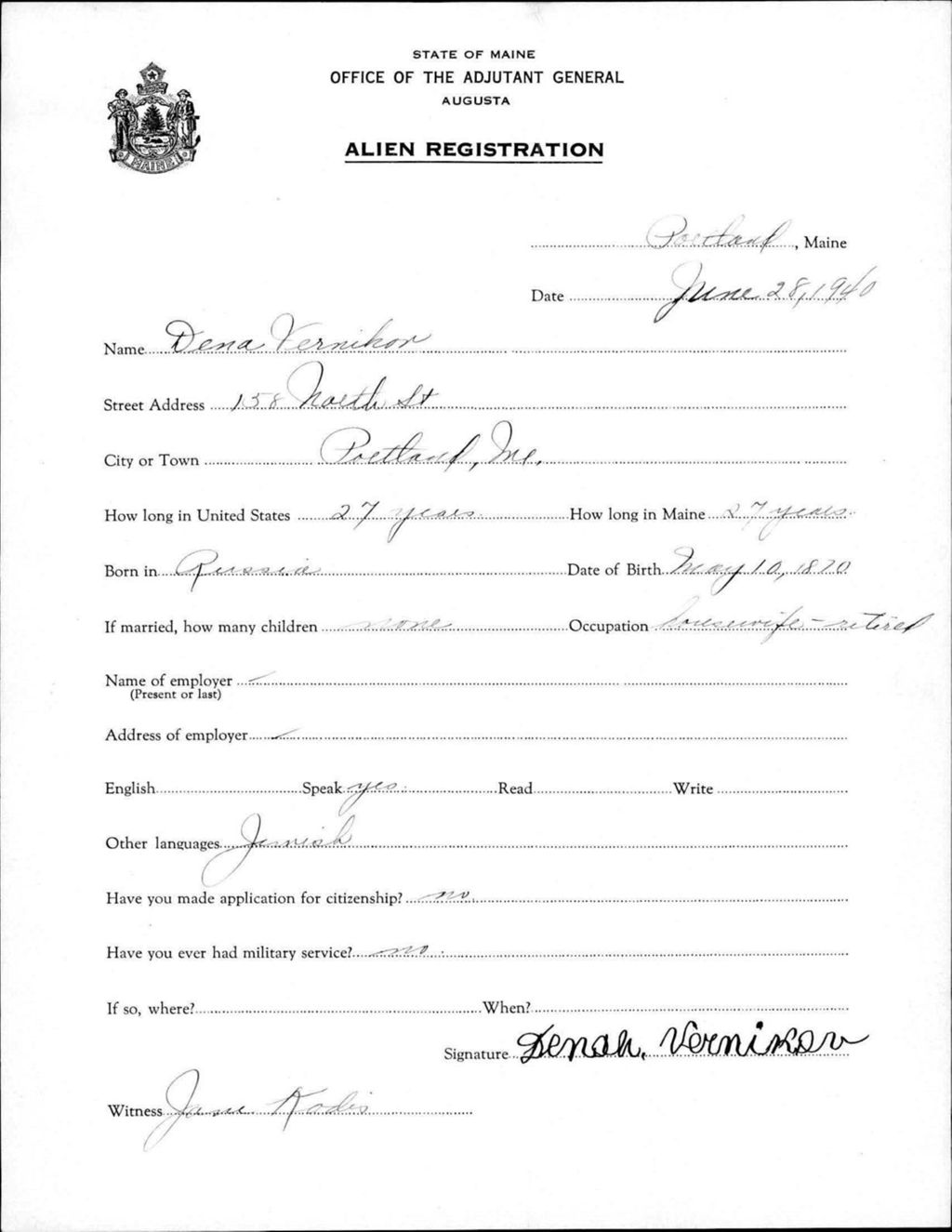 Miniature of Alien Registration- Vernikor, Dena (Portland, Cumberland County)