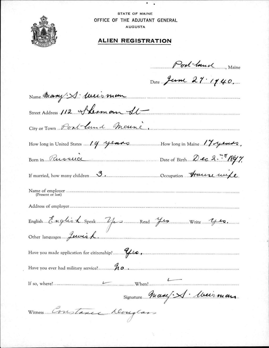 Miniature of Alien Registration- Weisman, Nancy S. (Portland, Cumberland County)