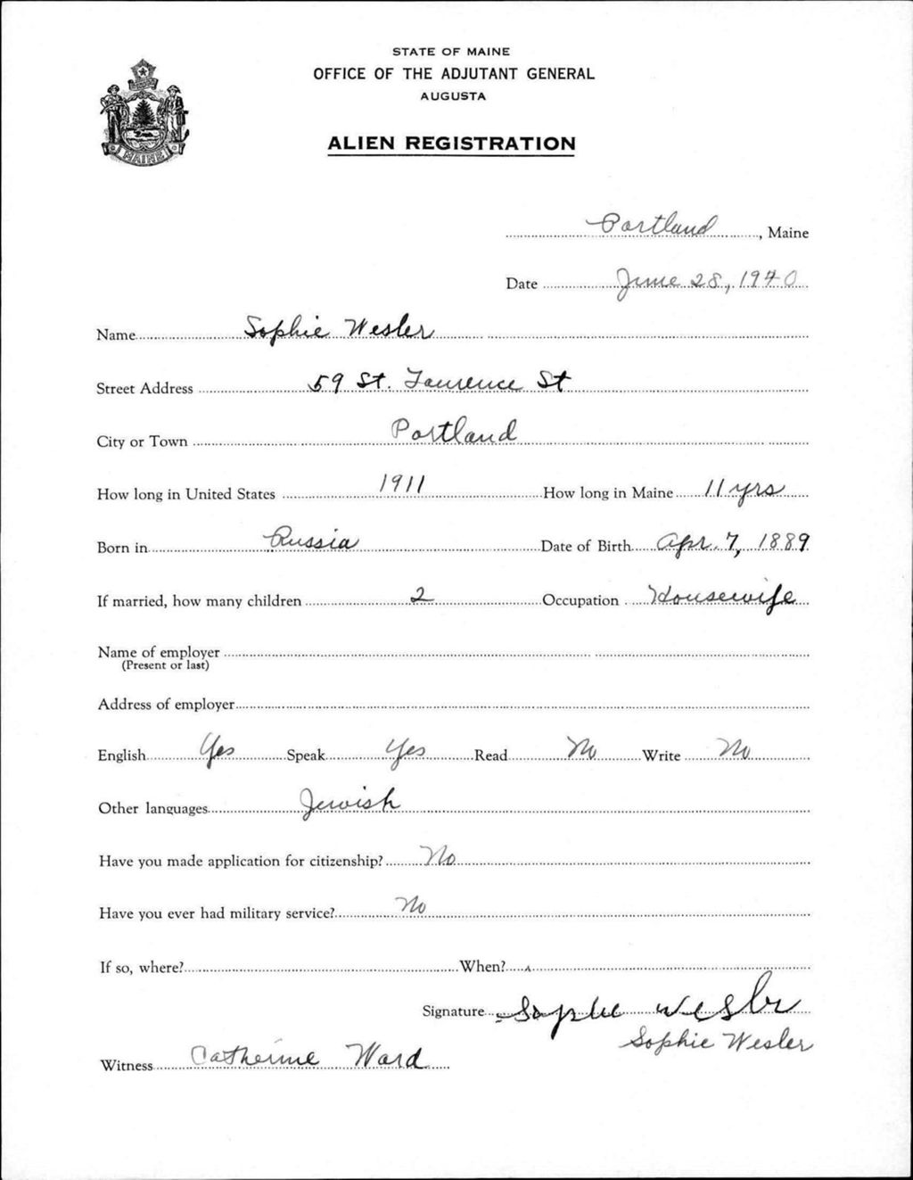 Miniature of Alien Registration- Wesler, Sophie (Portland, Cumberland County)