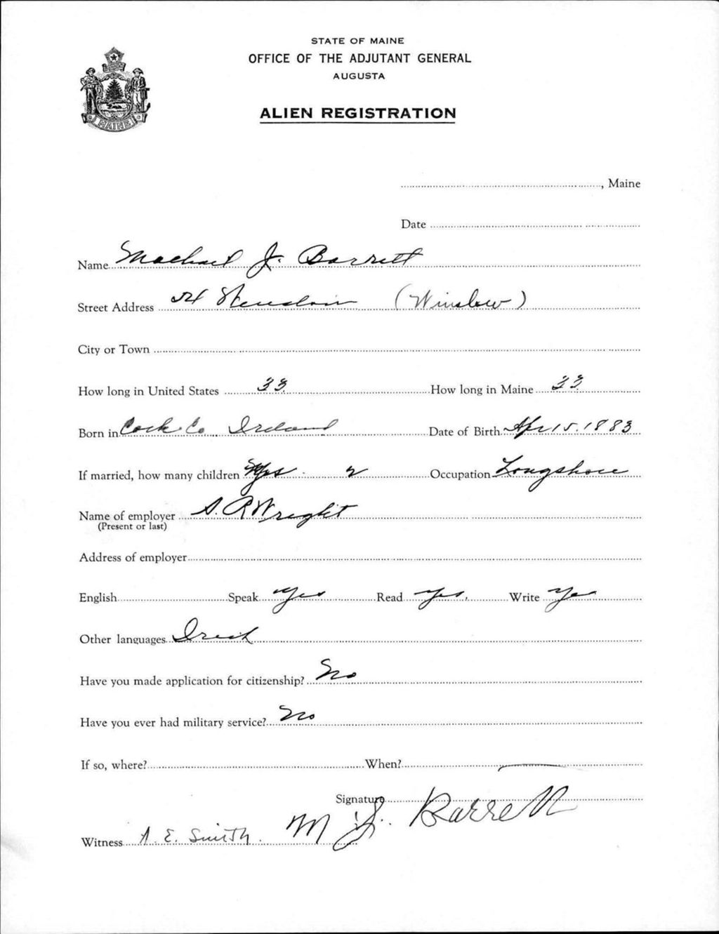Miniature of Alien Registration- Barrett, Michael J. (Portland, Cumberland County)