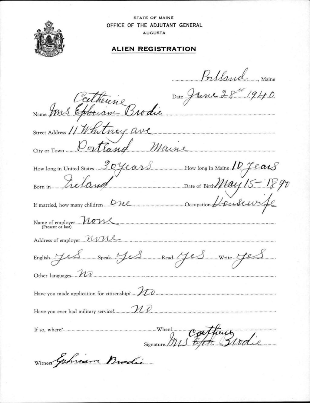 Miniature of Alien Registration- Brodie, Catherine (Portland, Cumberland County)