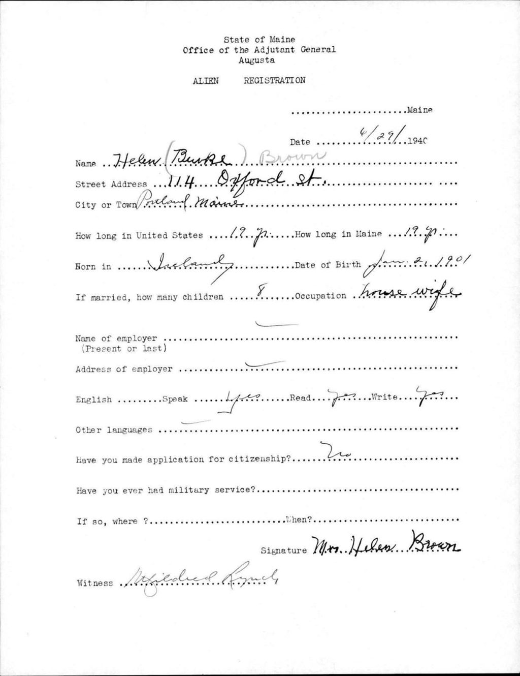 Miniature of Alien Registration- Burke, Helen (Portland, Cumberland County)