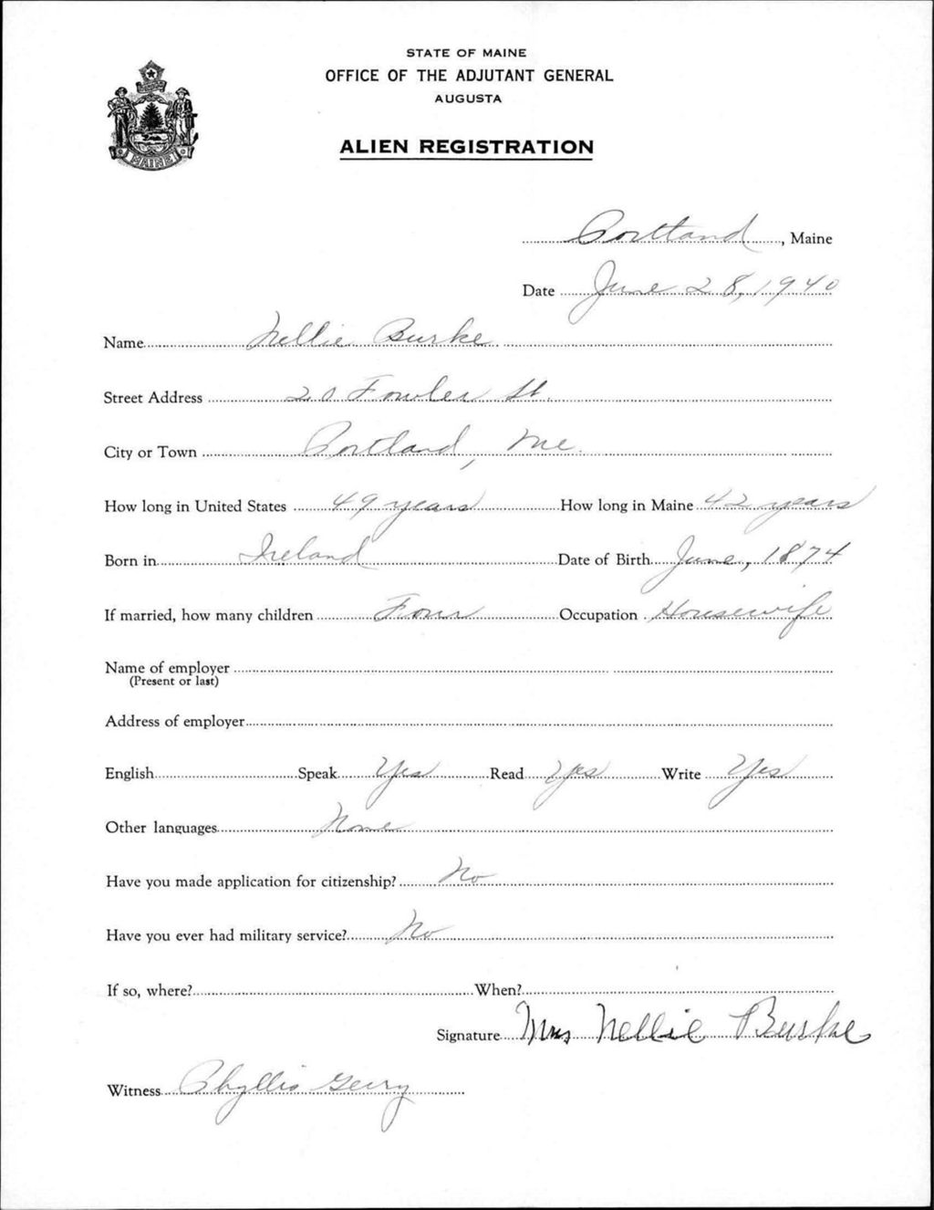 Miniature of Alien Registration- Burke, Nellie (Portland, Cumberland County)
