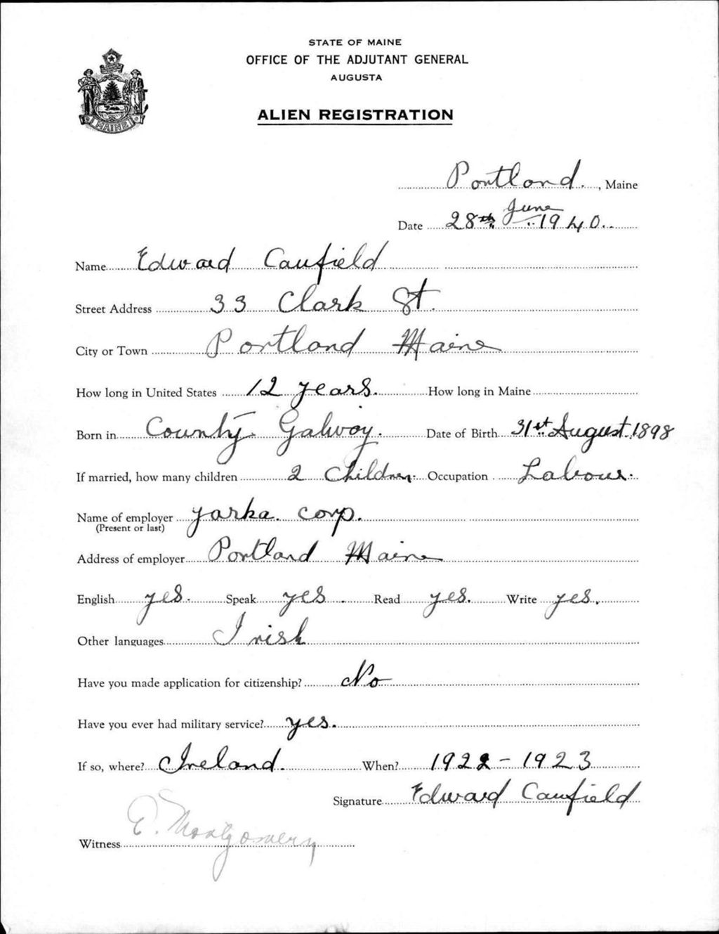 Miniature of Alien Registration- Caufield, Edward (Portland, Cumberland County)