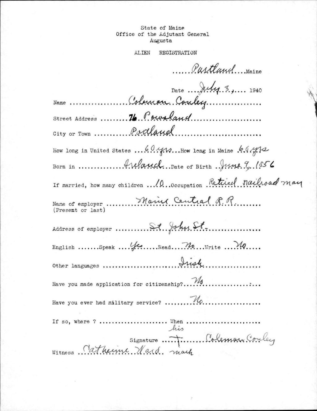 Miniature of Alien Registration- Conley, Coleman (Portland, Cumberland County)