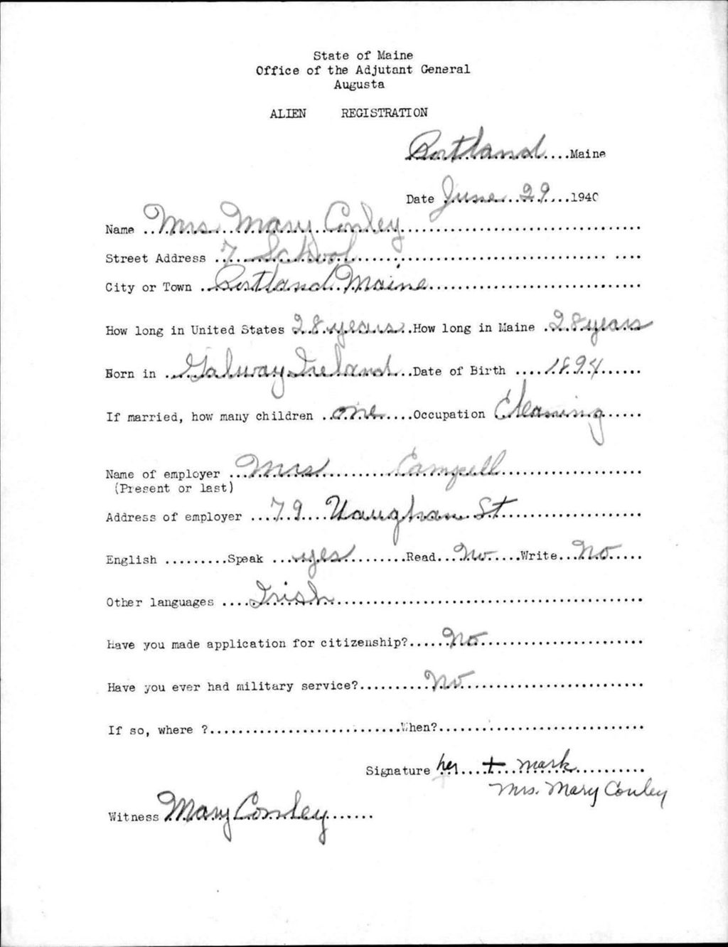 Miniature of Alien Registration- Conley, Mary (Portland, Cumberland County)