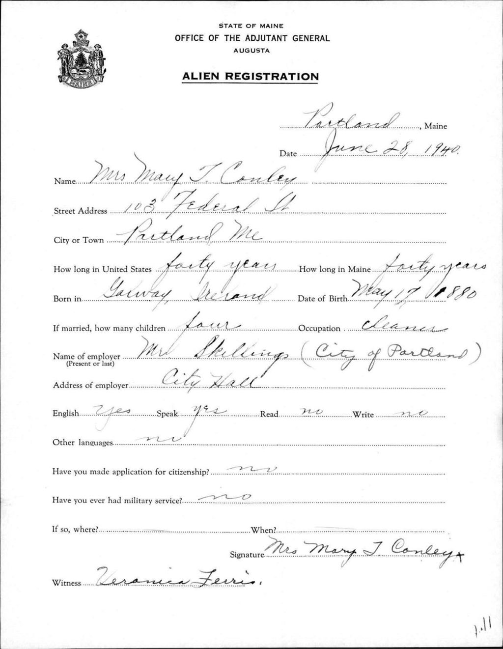 Miniature of Alien Registration- Conley, Mary T. (Portland, Cumberland County)