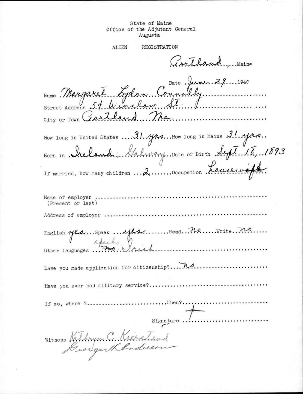 Miniature of Alien Registration- Lydon, Margaret (Portland, Cumberland County)