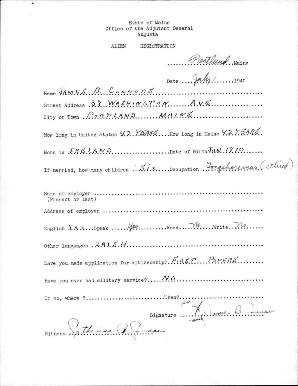 Miniature of Alien Registration- Connors, James B. (Portland, Cumberland County)