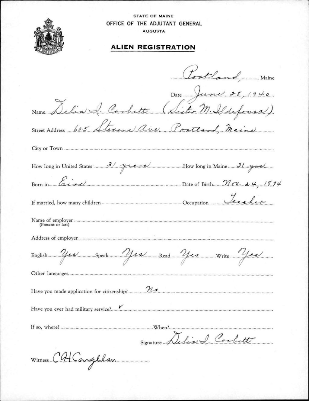 Miniature of Alien Registration- Corbett, Delia I. (Portland, Cumberland County)