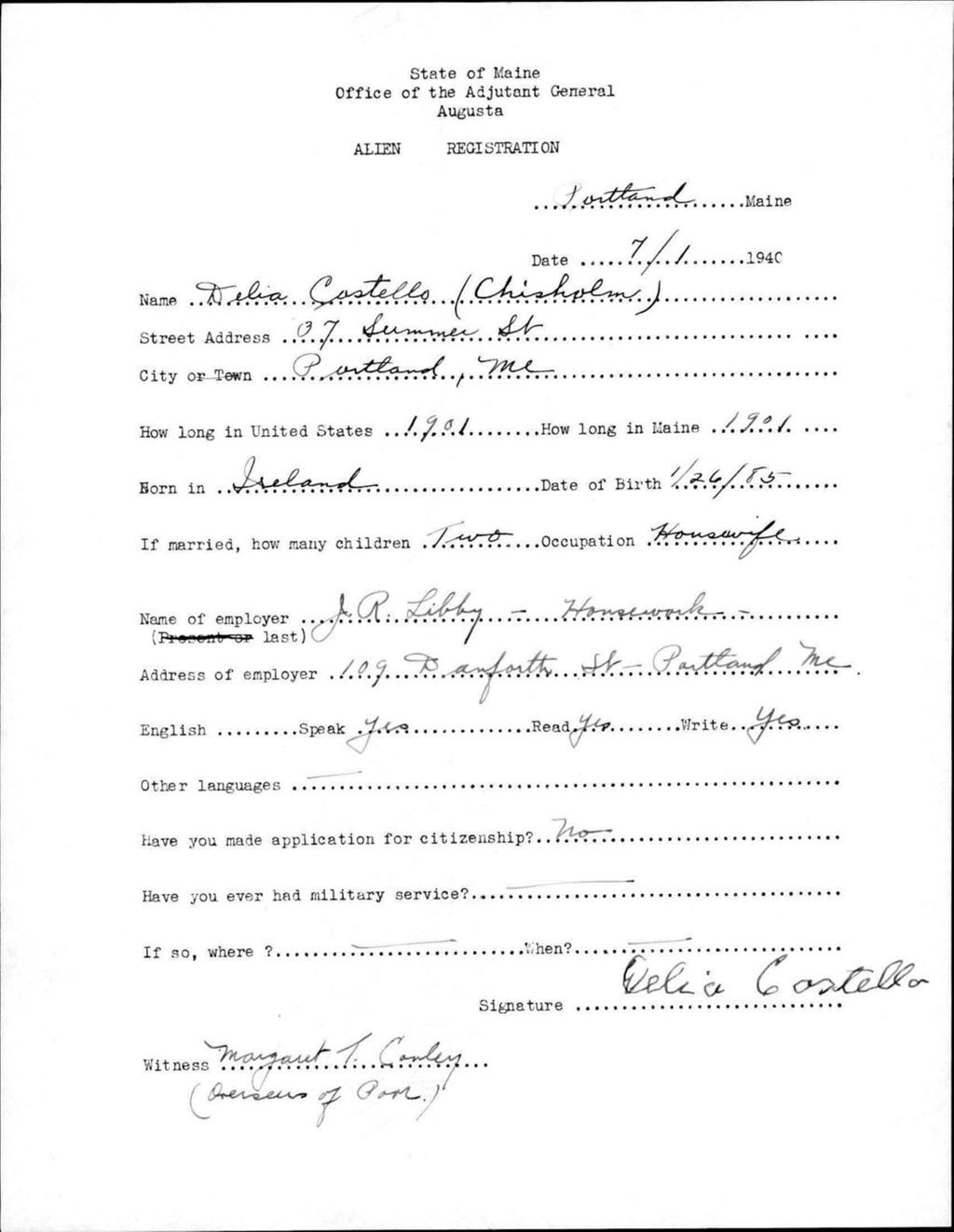 Miniature of Alien Registration- Chisholm, Delia (Portland, Cumberland County)
