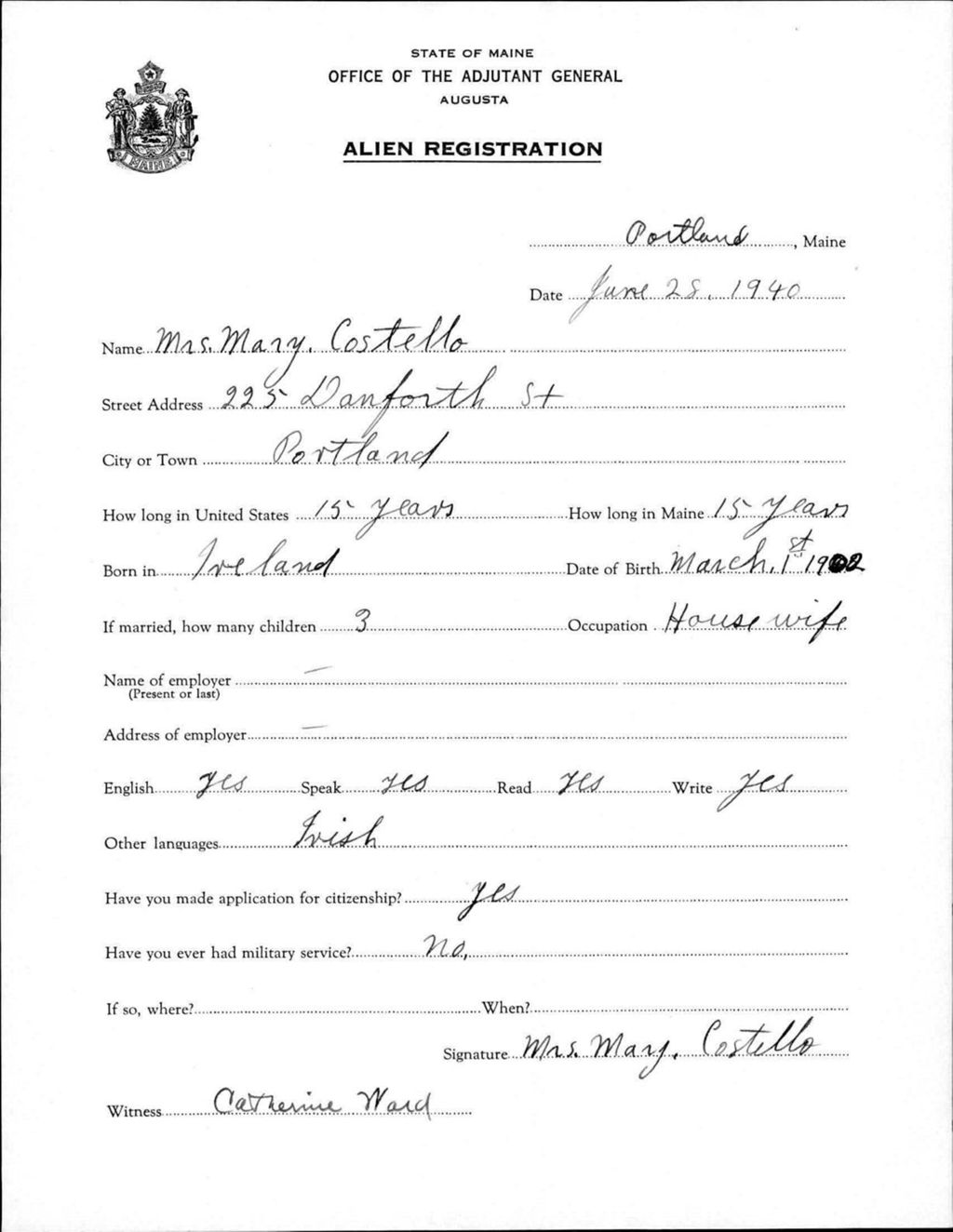 Miniature of Alien Registration- Costello, Mary (Portland, Cumberland County)