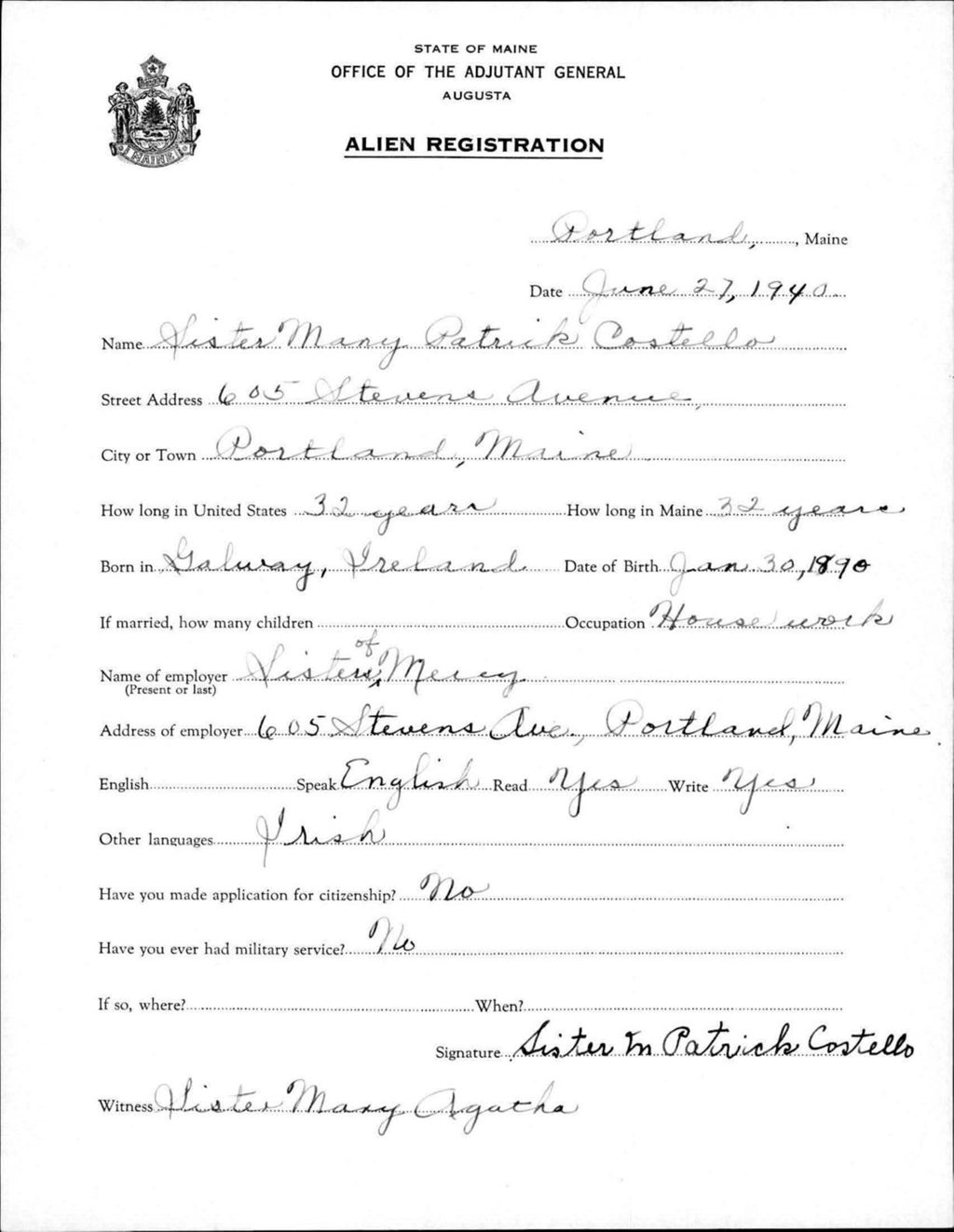 Miniature of Alien Registration- Costello, Sister Mary Patrick (Portland, Cumberland County)
