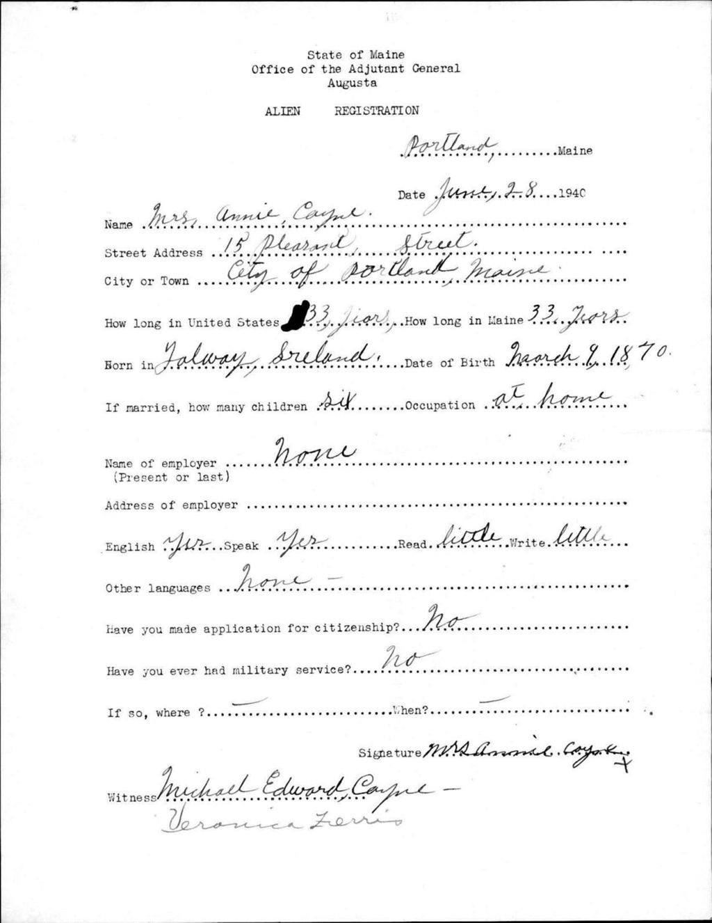 Miniature of Alien Registration- Coyne, Annie (Portland, Cumberland County)