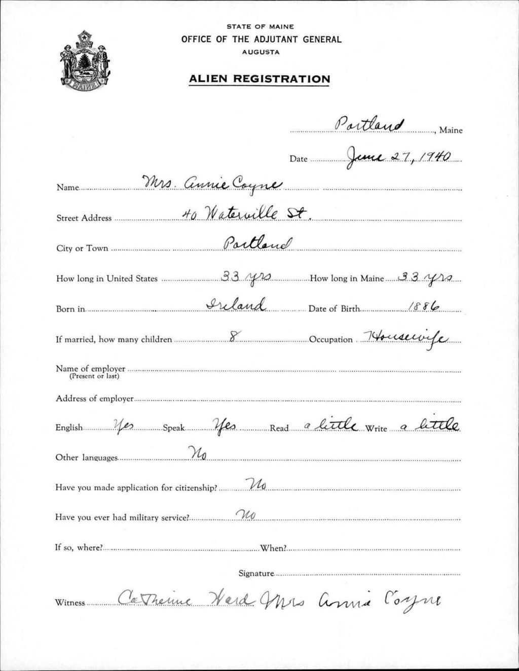 Miniature of Alien Registration- Coyne, Annie (Portland, Cumberland County)