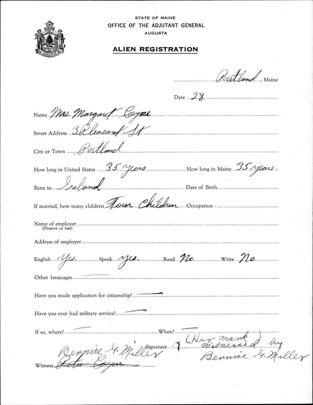 Miniature of Alien Registration- Coyne, Margaret (Portland, Cumberland County)