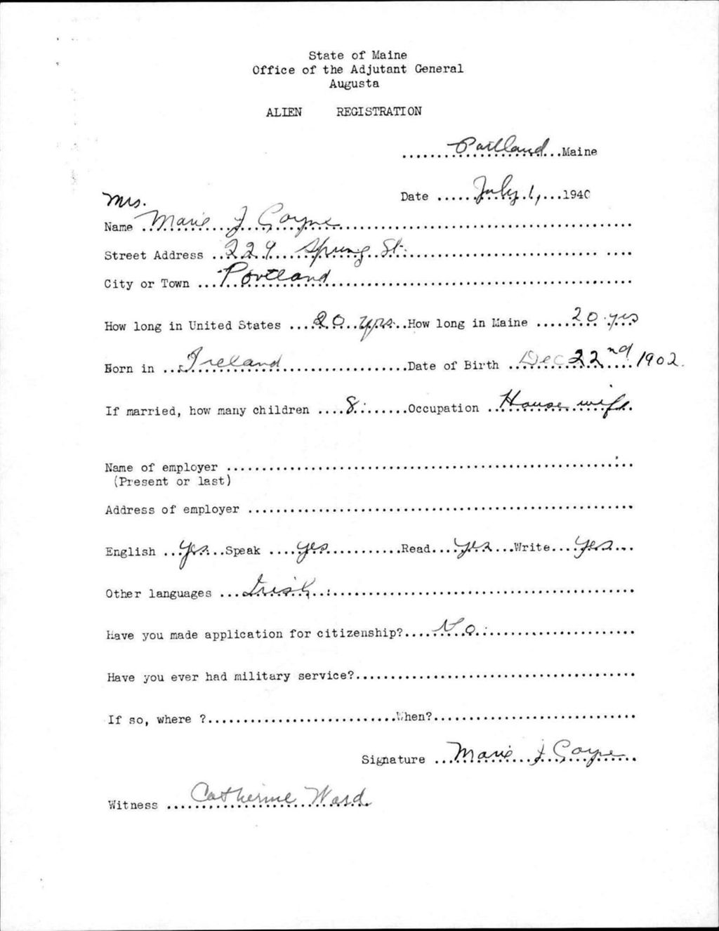 Miniature of Alien Registration- Coyne, Marie J. (Portland, Cumberland County)