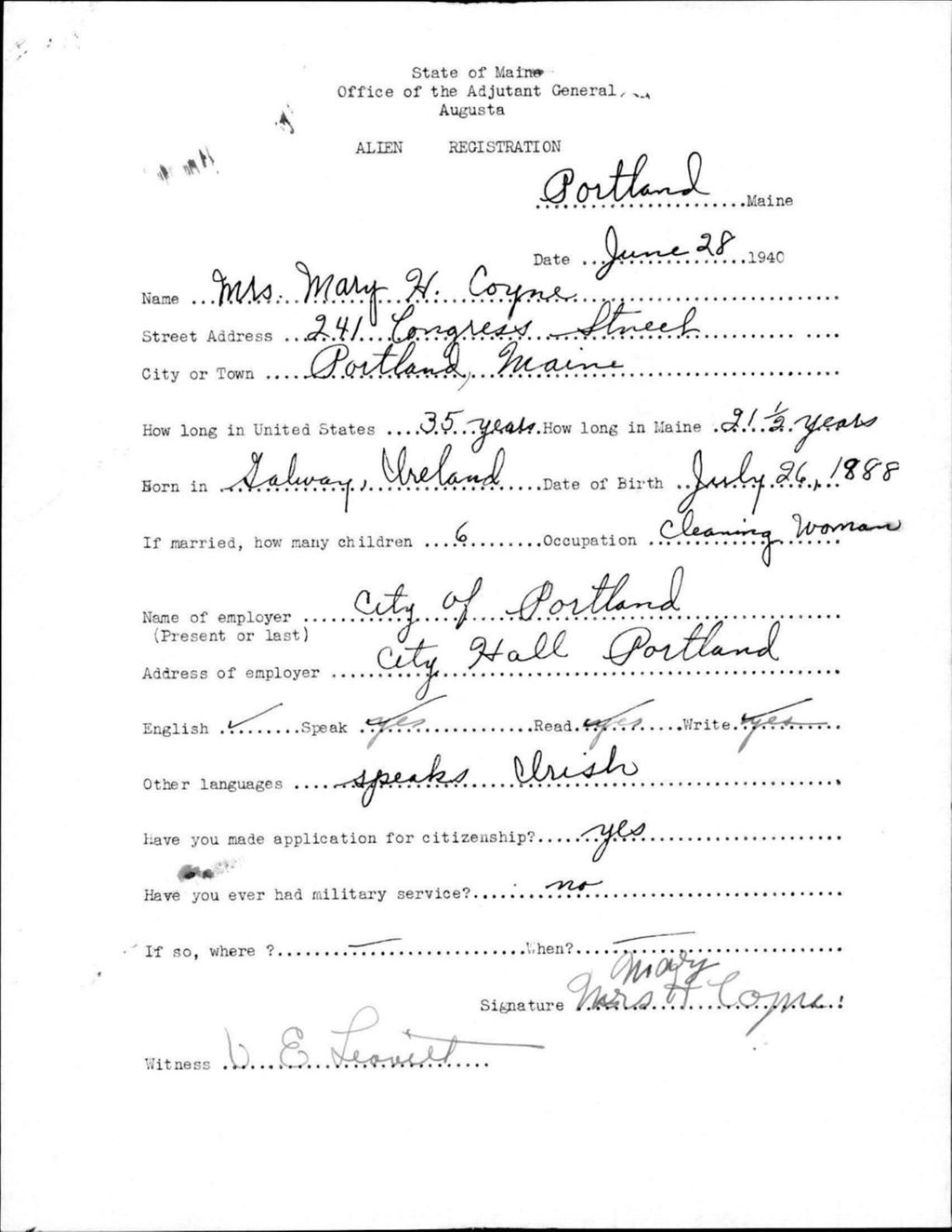 Miniature of Alien Registration- Coyne, Mary H. (Portland, Cumberland County)