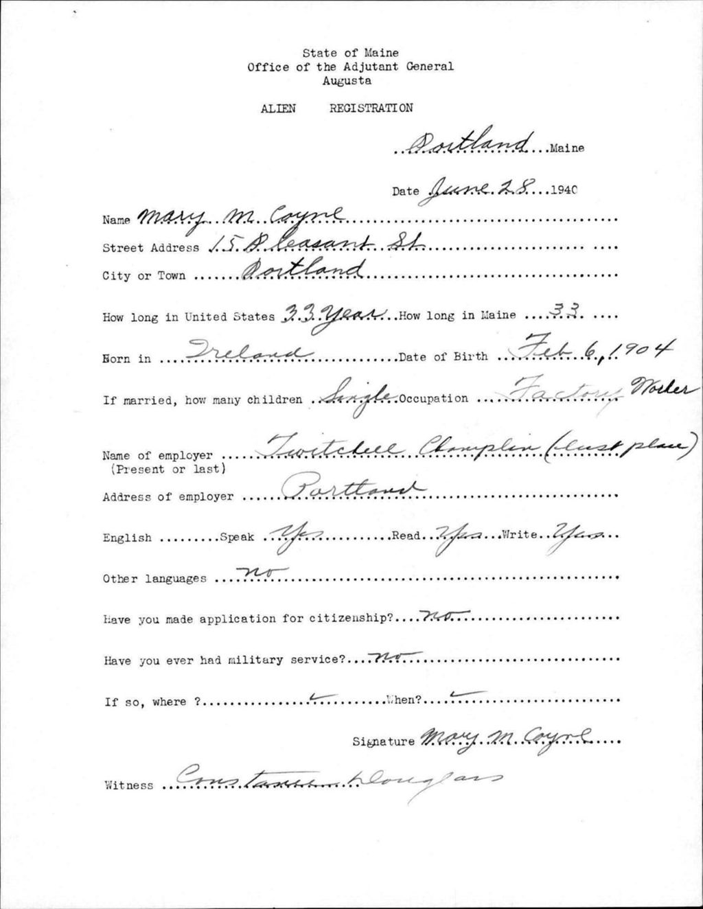 Miniature of Alien Registration- Coyne, Mary M. (Portland, Cumberland County)