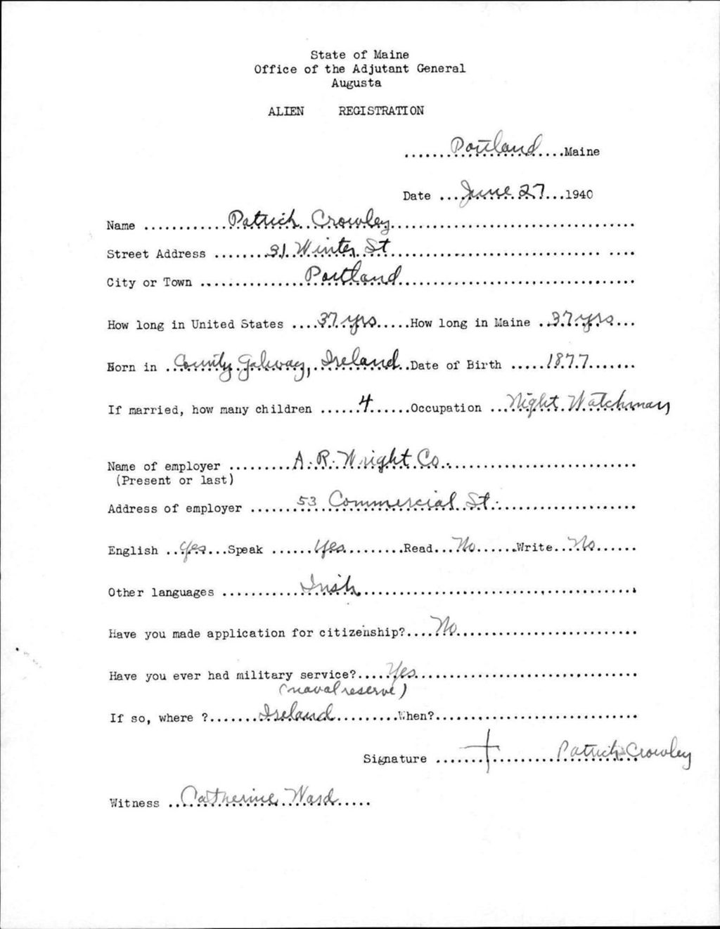 Miniature of Alien Registration- Crowley, Patrick (Portland, Cumberland County)