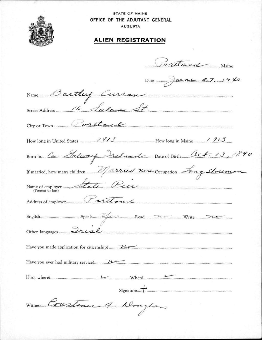 Miniature of Alien Registration- Curran, Bartley (Portland, Cumberland County)