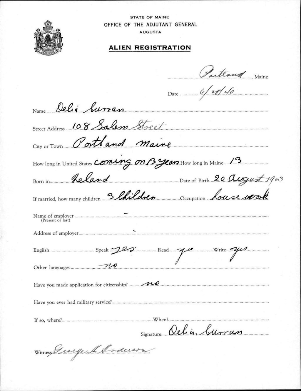 Miniature of Alien Registration- Curran, Delia (Portland, Cumberland County)