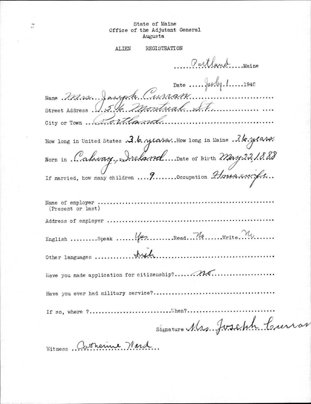 Miniature of Alien Registration- Curran, Joseph (Portland, Cumberland County)