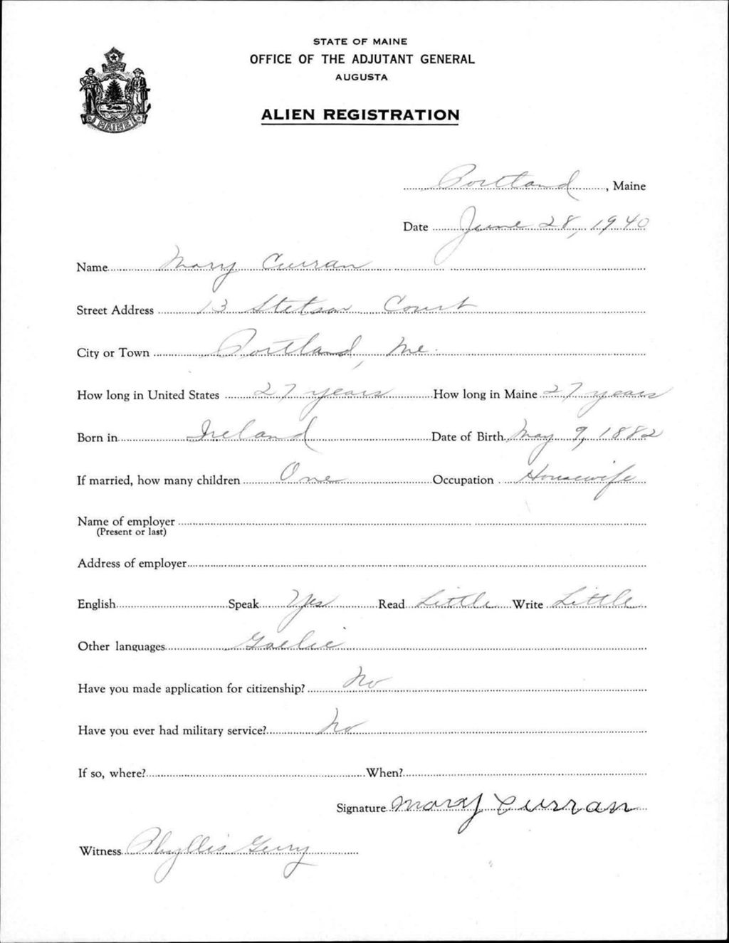 Miniature of Alien Registration- Curran, Mary (Portland, Cumberland County)
