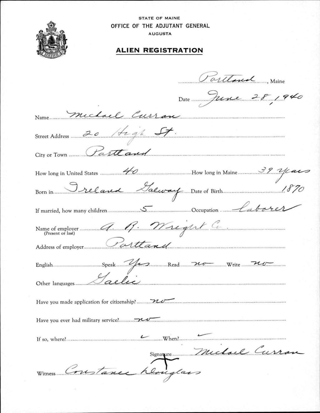 Miniature of Alien Registration- Curran, Michael (Portland, Cumberland County)