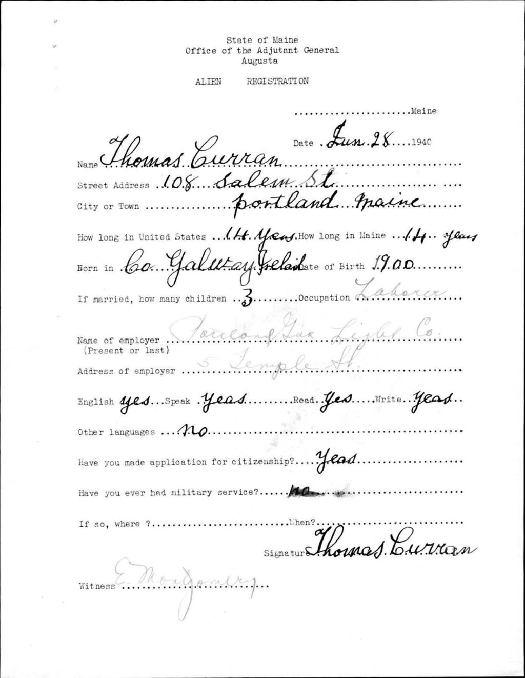 Miniature of Alien Registration- Curran, Thomas (Portland, Cumberland County)