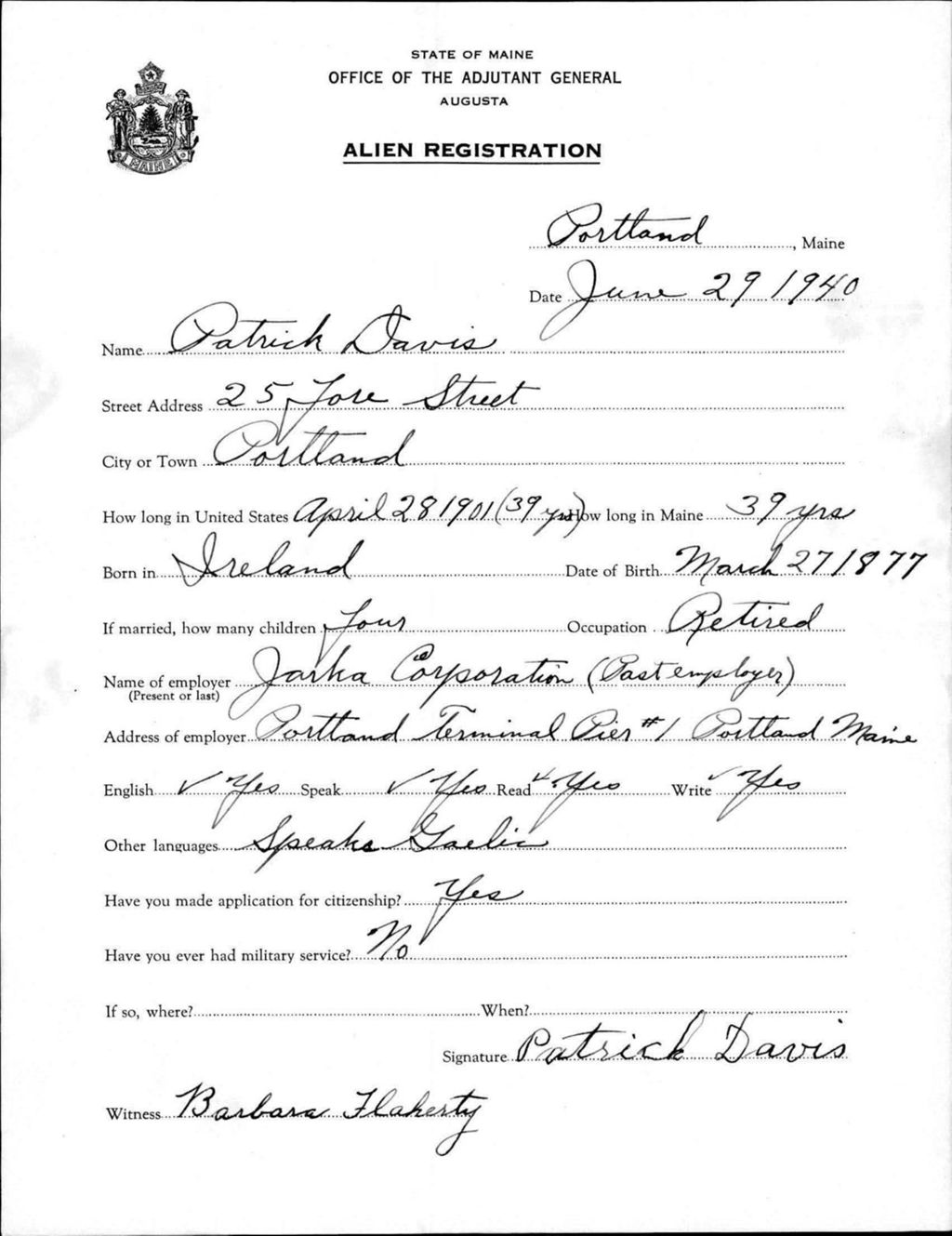 Miniature of Alien Registration- Davis, Patrick (Portland, Cumberland County)