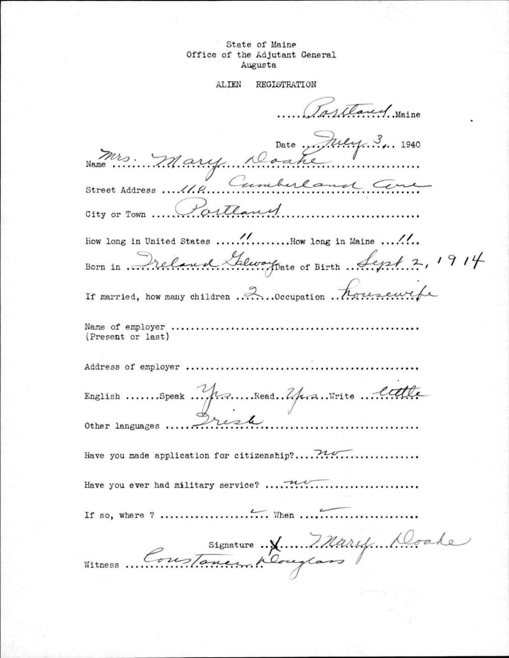 Miniature of Alien Registration- Doake, Mary (Portland, Cumberland County)