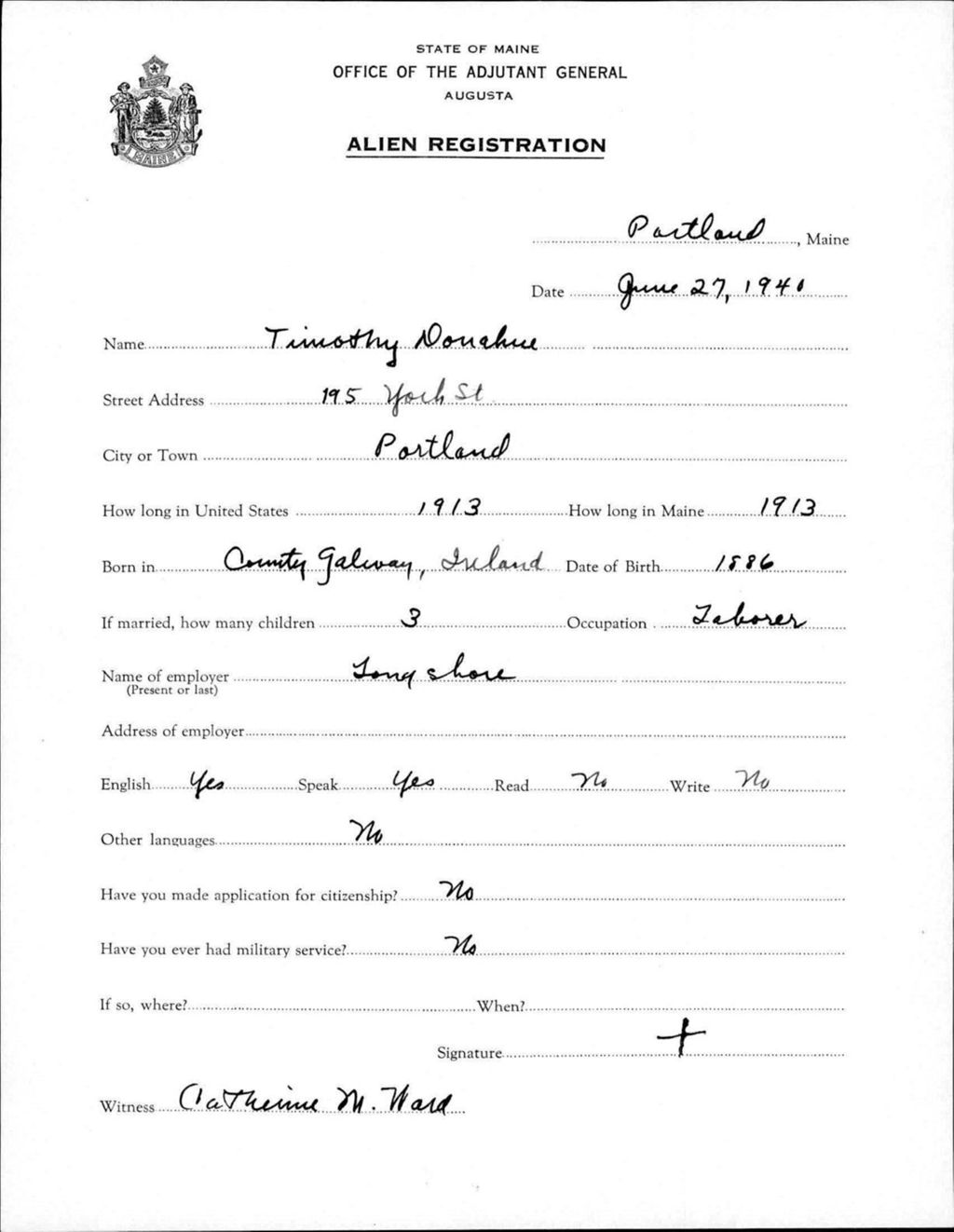 Miniature of Alien Registration- Donahue, Timothy (Portland, Cumberland County)
