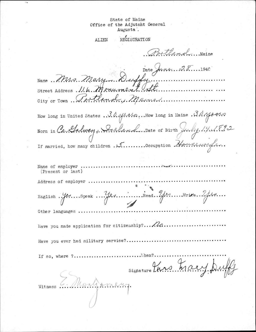 Miniature of Alien Registration- Duffy, Mary (Portland, Cumberland County)
