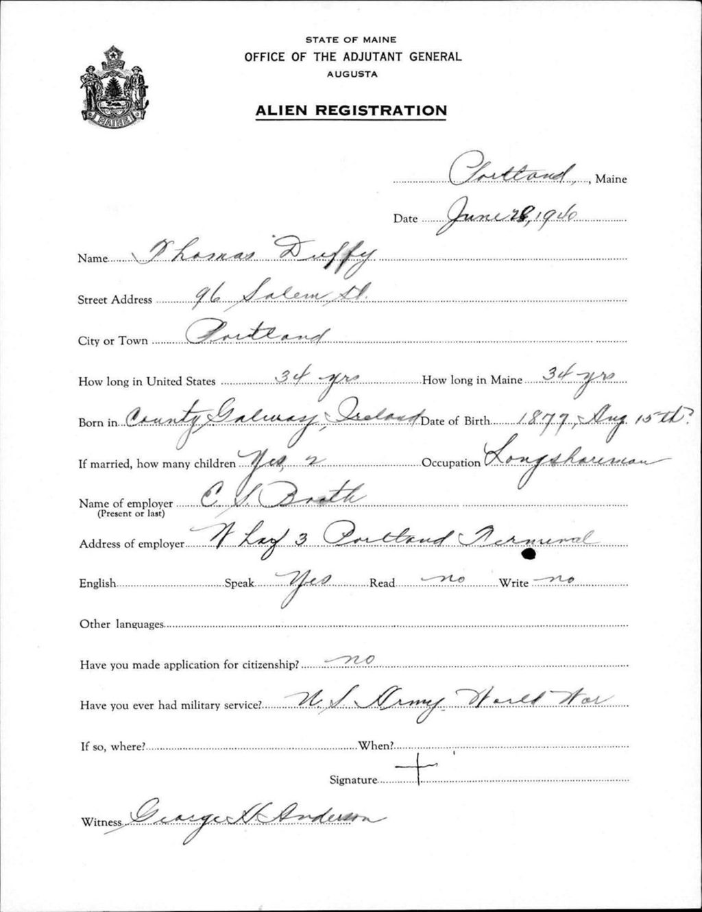 Miniature of Alien Registration- Duffy, Thomas (Portland, Cumberland County)