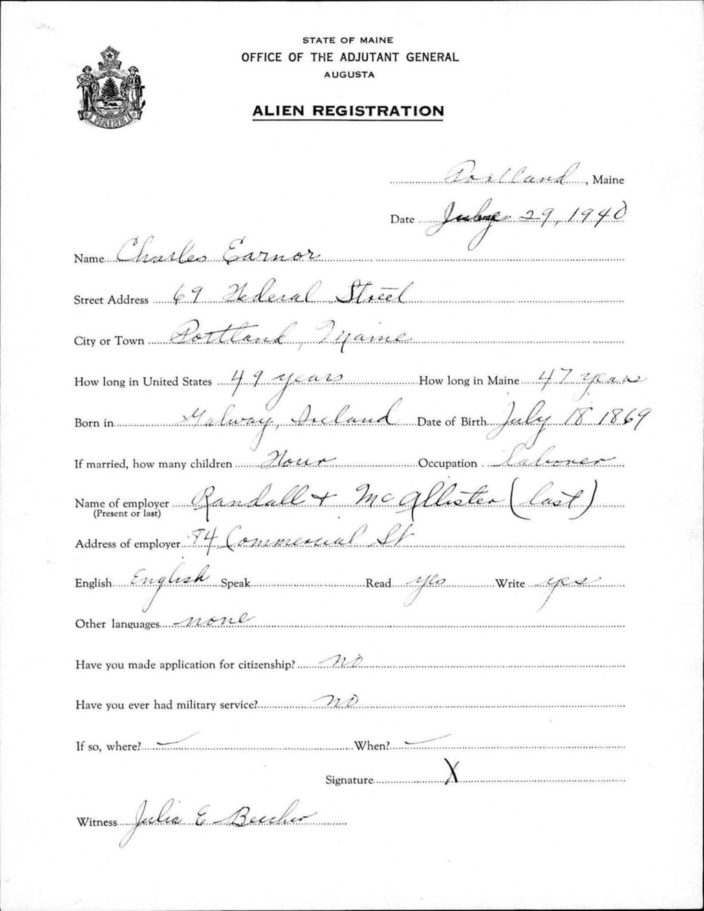 Miniature of Alien Registration- Earnor, Charles (Portland, Cumberland County)