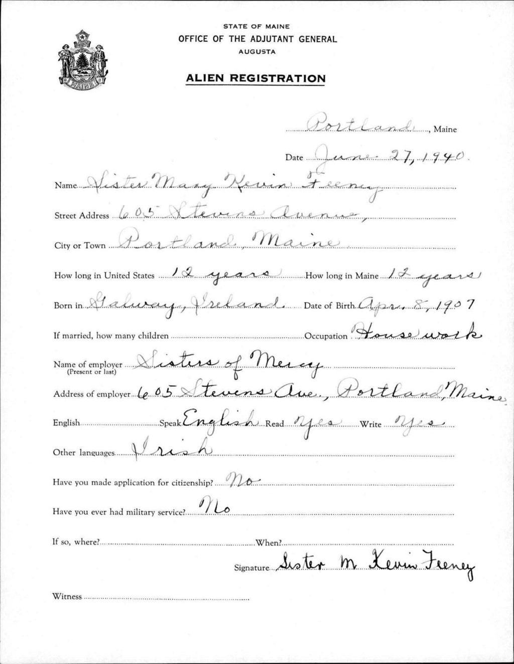 Miniature of Alien Registration- Feeney, Sister Mary Kevin (Portland, Cumberland County)