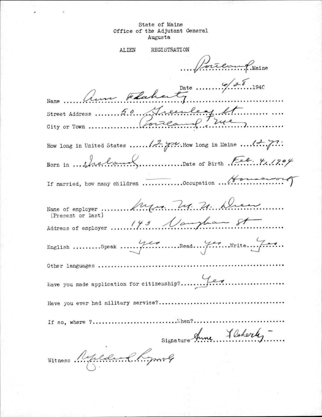 Miniature of Alien Registration- Flaherty, Ann (Portland, Cumberland County)