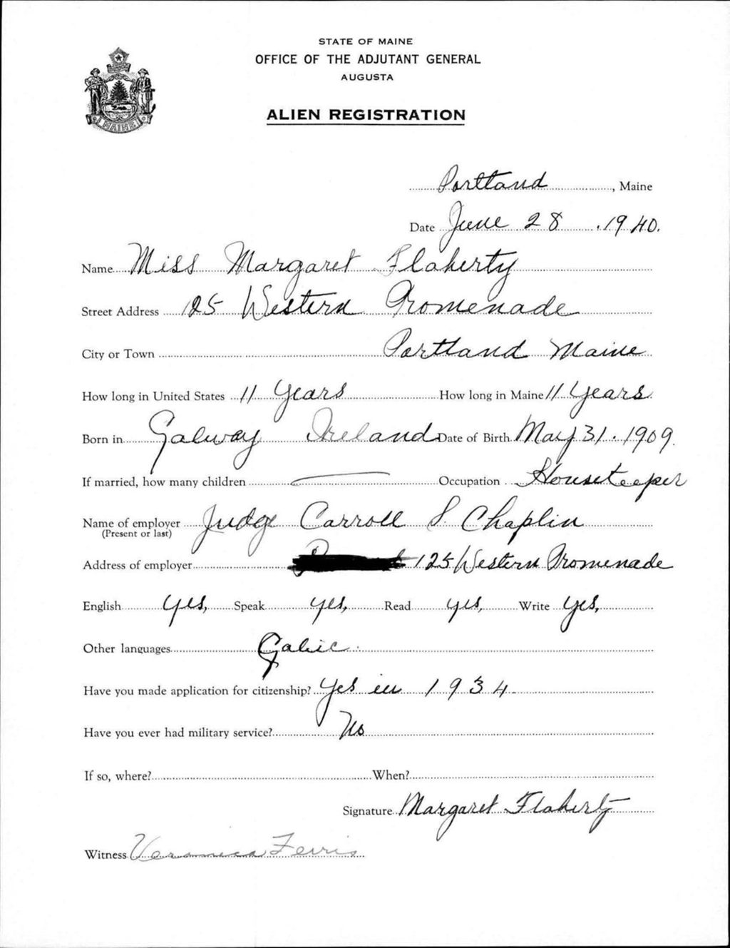 Miniature of Alien Registration- Flaherty, Margaret (Portland, Cumberland County)