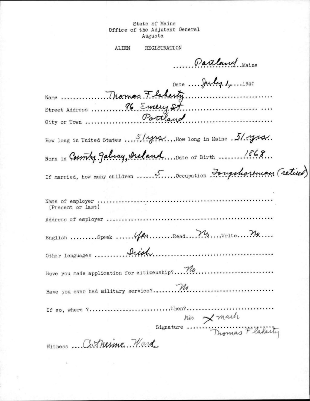 Miniature of Alien Registration- Flaherty, Thomas (Portland, Cumberland County)