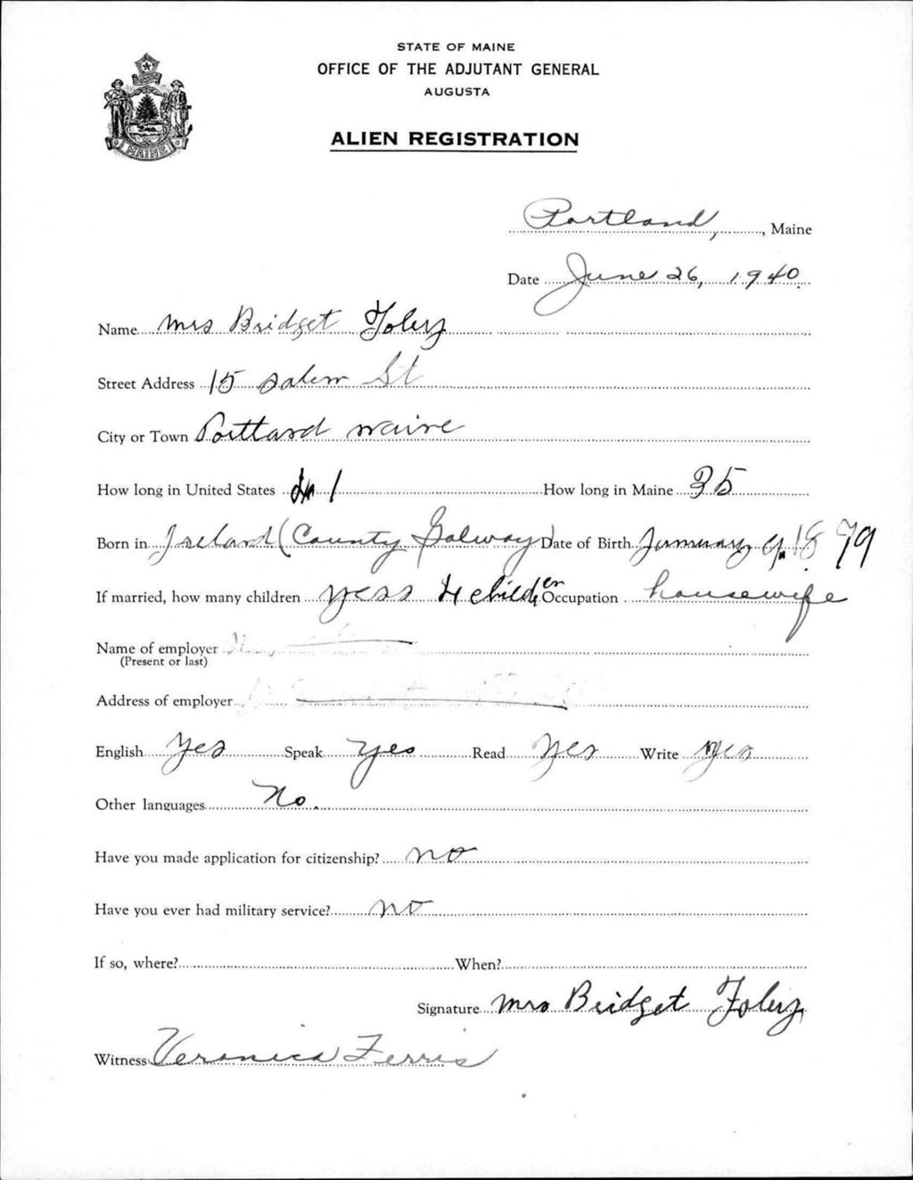 Miniature of Alien Registration- Foley, Bridget (Portland, Cumberland County)