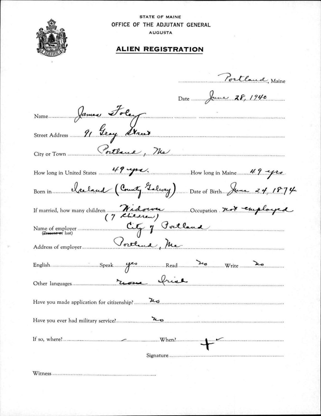 Miniature of Alien Registration- Foley, James (Portland, Cumberland County)