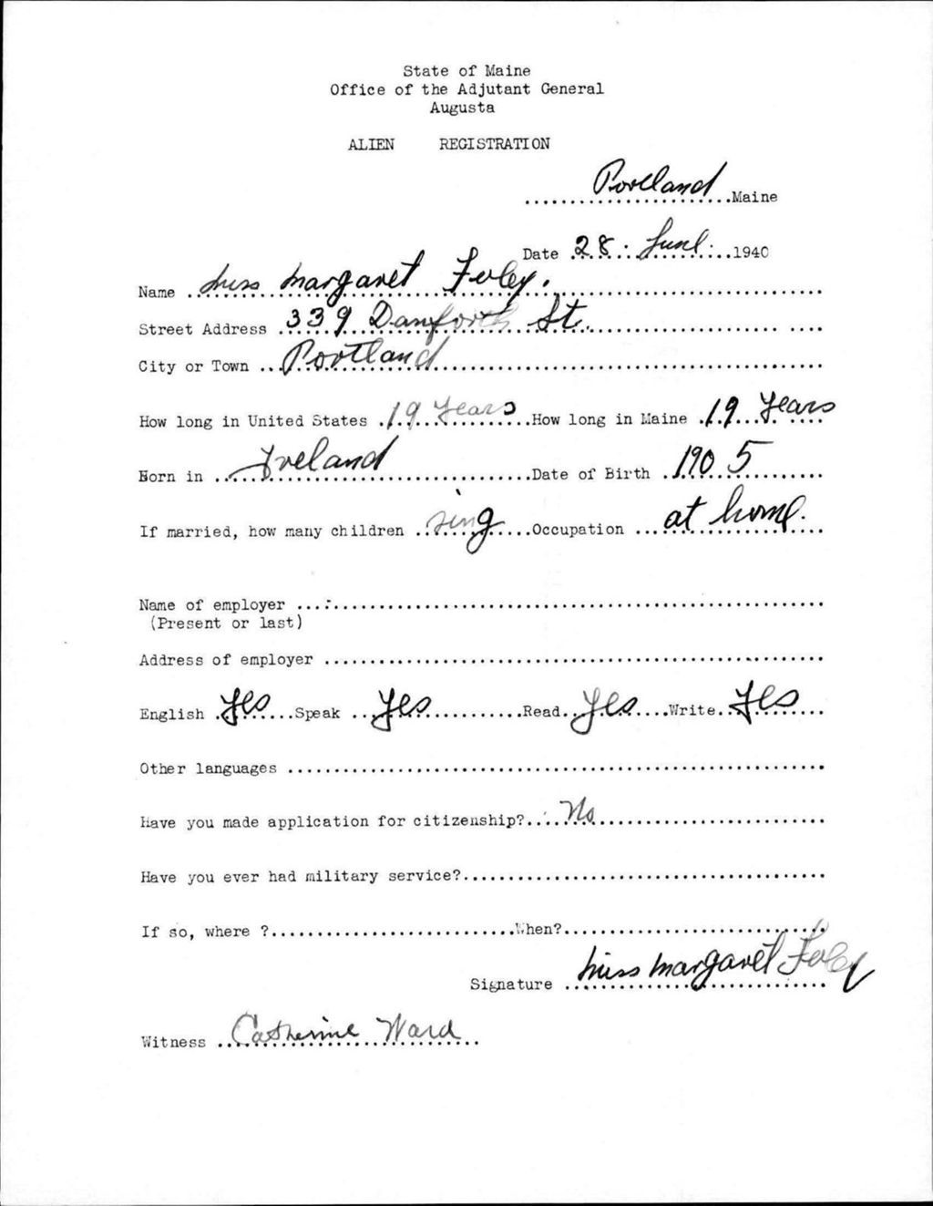 Miniature of Alien Registration- Foley, Margaret (Portland, Cumberland County)