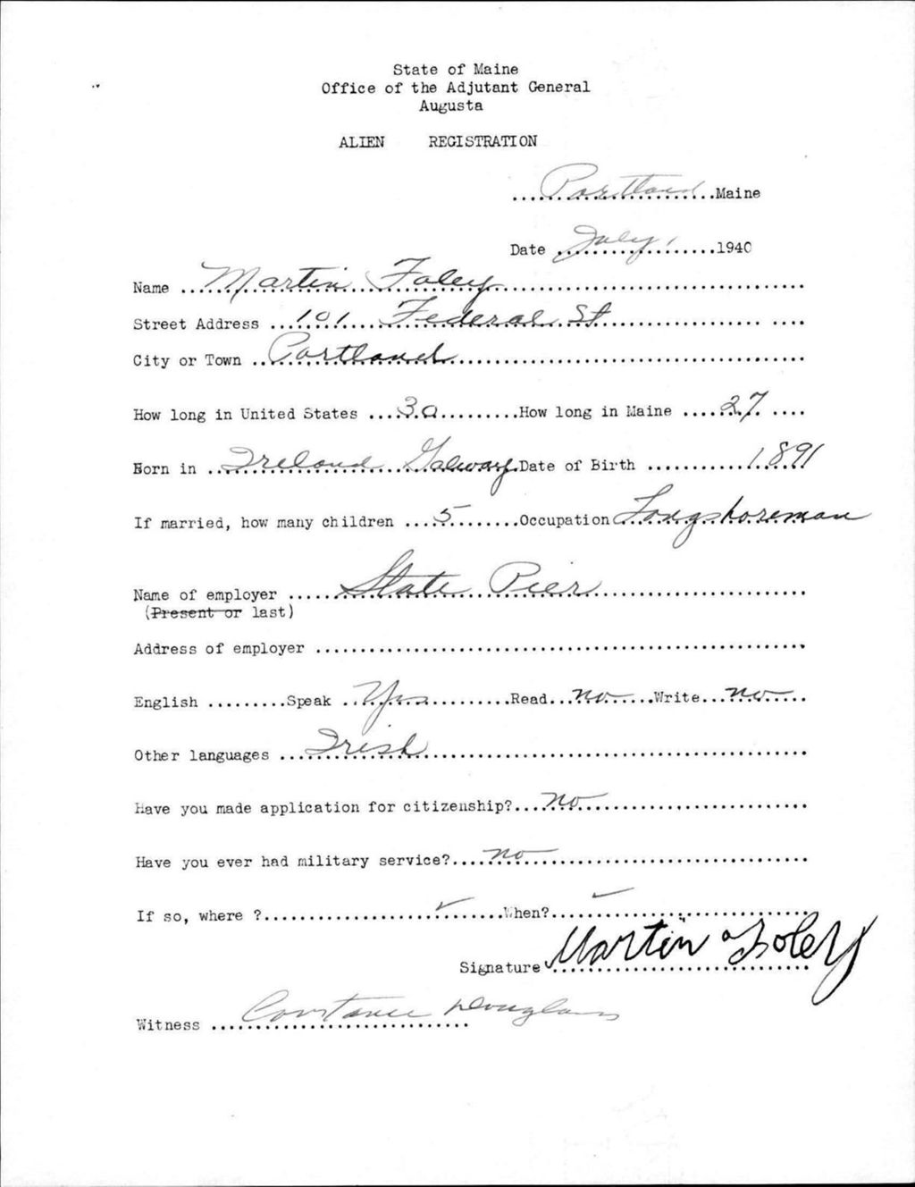 Miniature of Alien Registration- Foley, Martin (Portland, Cumberland County)