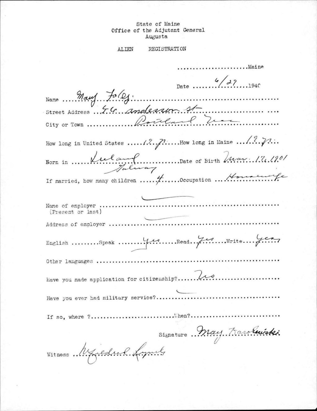 Miniature of Alien Registration- Foley, Mary (Portland, Cumberland County)