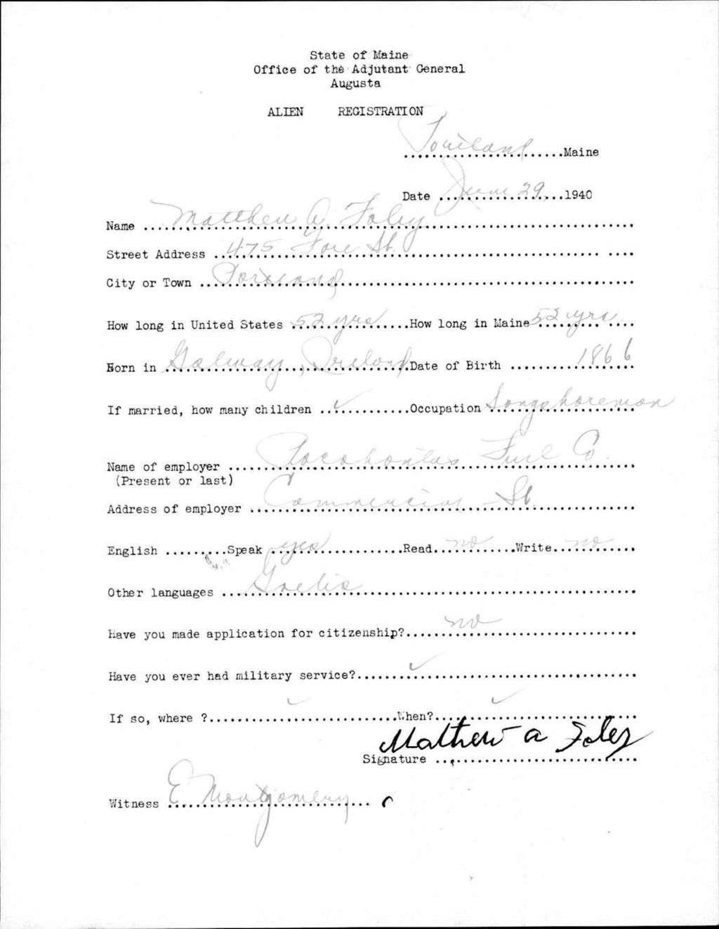 Miniature of Alien Registration- Foley, Matthew A. (Portland, Cumberland County)