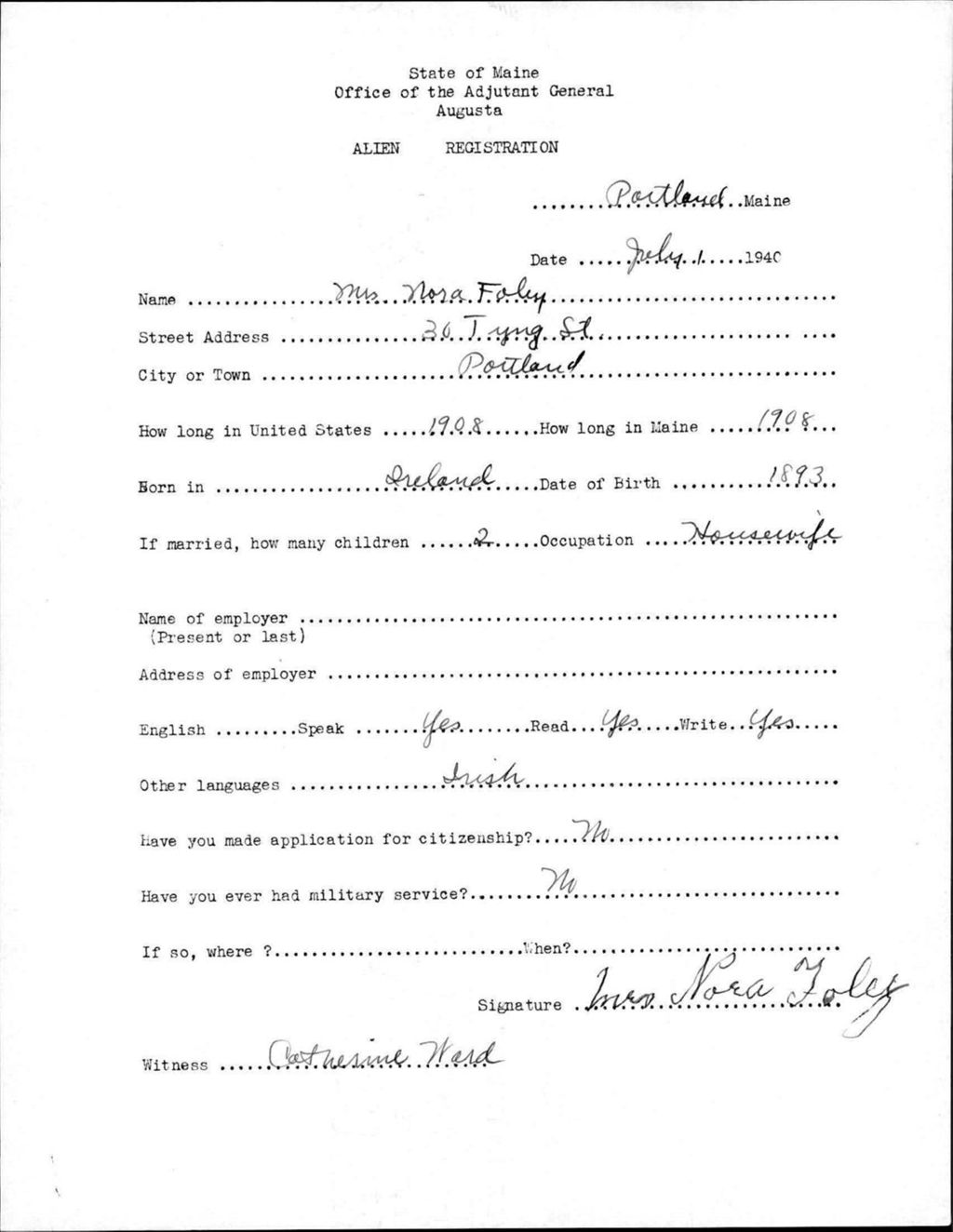Miniature of Alien Registration- Foley, Nora (Portland, Cumberland County)